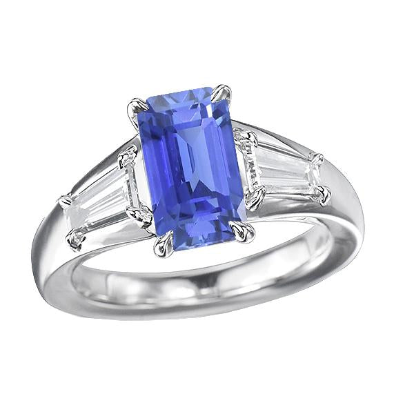 Bague trois pierres saphir bleu émeraude et diamants 3.50 carats - HarryChadEnt.FR