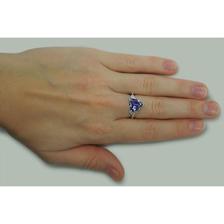 Bague trois pierres taille trilliant diamant bleu pierre précieuse 6.5 carats WG 14K - HarryChadEnt.FR