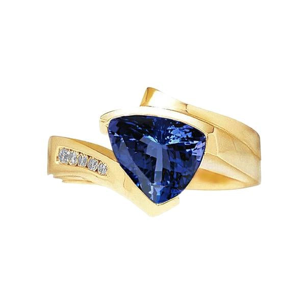 Belle Bague Tanzanite Trillion De Diamants En Or Jaune 1.95 Carats - HarryChadEnt.FR