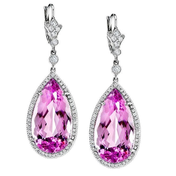 Boucle D'Oreille Pendante Diamants Kunzite Rose Taille Poire Or 51 Carats 14K - HarryChadEnt.FR