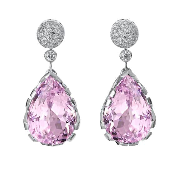 Boucle d'oreille pendante taille poire Kunzite et diamant rond 8.70 Carat WG 14K - HarryChadEnt.FR