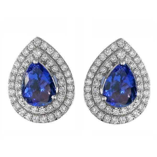 Boucles D'Oreilles Goujon Pave Halo Femme 3.96 Carats Tanzanite Bleue & Diamants - HarryChadEnt.FR