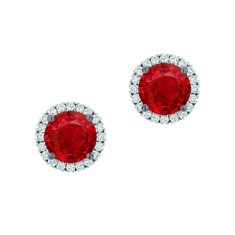 Boucles D'Oreilles Rondes Rubis 8 Carats Et Halo Diamants Or Blanc 14K - HarryChadEnt.FR