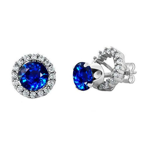 Boucles D'Oreilles Rondes Saphir Halo Diamant 3 Carats Or Blanc 14K - HarryChadEnt.FR