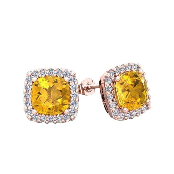 Boucles D'Oreilles Tige Citrine Madère Et Diamants Or Rose 14K 18.40 Carats