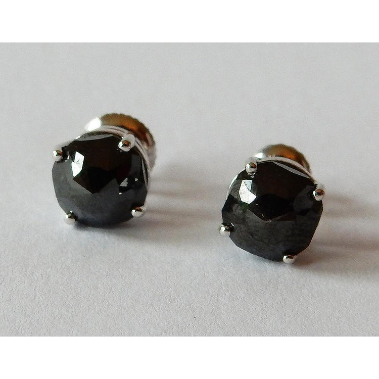 Boucles D'oreilles Clous 7 Carats Coussin Diamants Noirs Finition Or Blanc - HarryChadEnt.FR