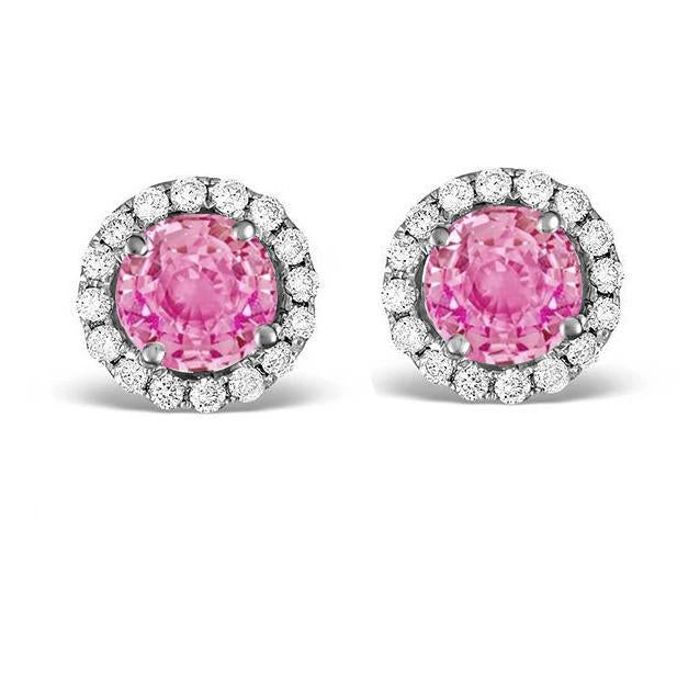 Boucles D'oreilles Clous Rondes 6 Carats Saphir Rose & Diamants Or Blanc - HarryChadEnt.FR