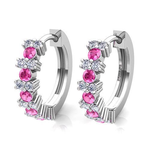 Boucles D'oreilles Créoles Dames Saphir Rose 9.60 Ct Et Diamants Or Blanc 14K - HarryChadEnt.FR