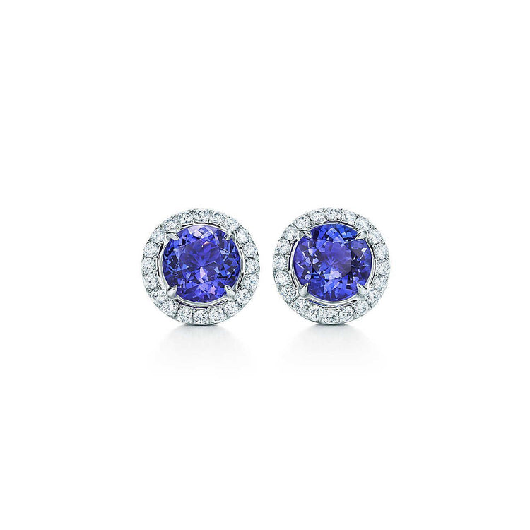 Boucles D'oreilles Tanzanite De Taille Ronde 4 Carats Et Halo De Diamants - HarryChadEnt.FR