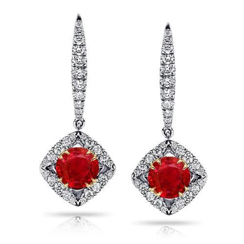 Boucles d'oreilles Dangle Diamonds Two Tone Gold Ruby 14K New 4.20 Carats - HarryChadEnt.FR