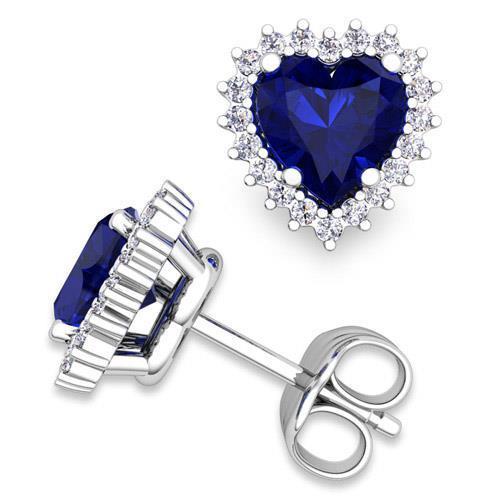 Boucles d'oreilles clous d'oreilles dames saphir bleu 7 carats et diamants ronds en or blanc - HarryChadEnt.FR