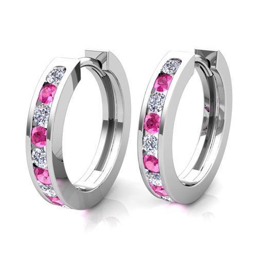 Boucles d'oreilles créoles serties de diamants et saphirs roses 8 ct 14K - HarryChadEnt.FR