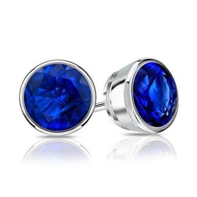 Boucles d'oreilles en saphir taille ronde bleue de 9 carats en or blanc - HarryChadEnt.FR