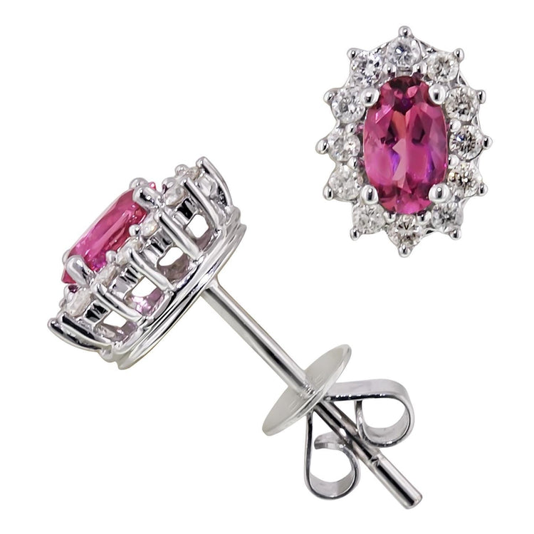 Boucles d'oreilles halo en tourmaline ovale rose 6.60 carats et en grappe de diamants - HarryChadEnt.FR