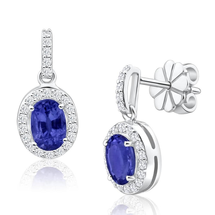 Boucles d'oreilles pendantes en saphir de Ceylan de 2.96 ct avec diamants en or blanc 14K - HarryChadEnt.FR