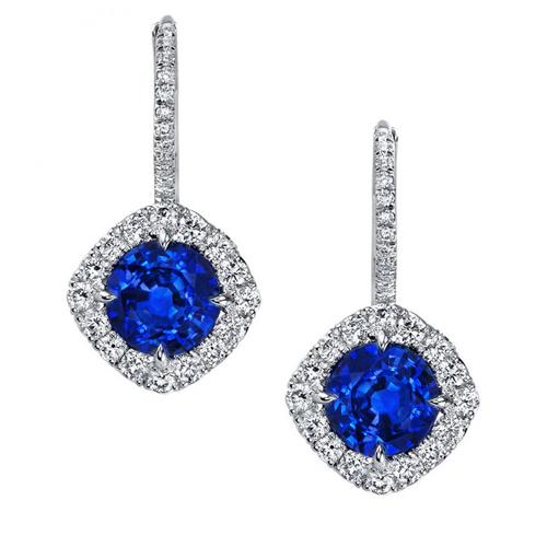 Boucles d'oreilles pendantes rondes en saphir de Ceylan et diamants de 3.12 ct - HarryChadEnt.FR