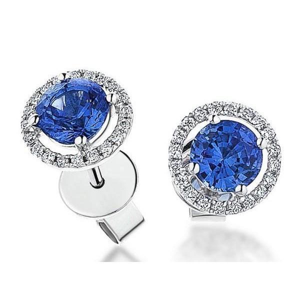 Boucles d'oreilles pour femmes en saphir de Ceylan et diamants halo 4.40 ct. Or Blanc 14K - HarryChadEnt.FR