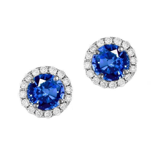 Boucles d'oreilles rondes en saphir de Ceylan et halo de diamants en or 2.30 ct - HarryChadEnt.FR