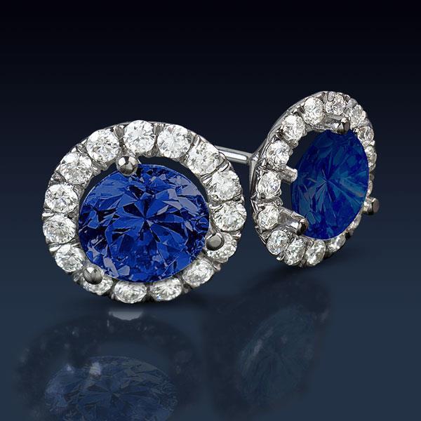 Boucles d'oreilles rondes en saphir du Sri Lanka et halo de diamants de 6.40 cts - HarryChadEnt.FR