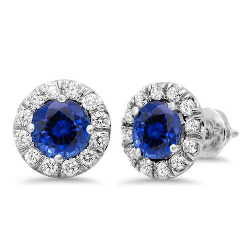 Boucles d'oreilles rondes en saphir et halo de diamants en or blanc 3 carats 14K - HarryChadEnt.FR