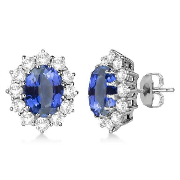 Boucles d'oreilles serties de diamants ovales et ronds avec halo de saphir du Sri Lanka WG 14K - HarryChadEnt.FR