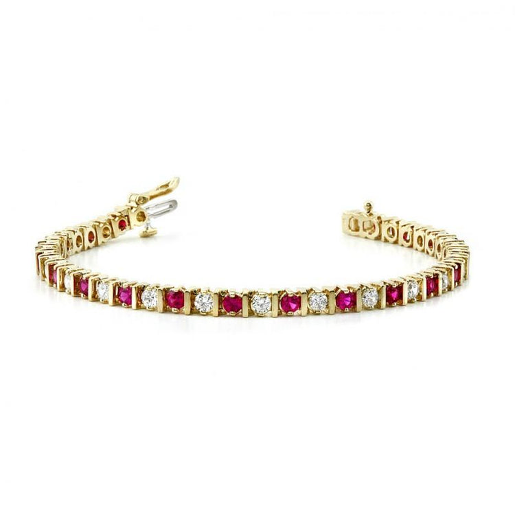 Bracelet Tennis Diamant Rond Et Rubis Scintillant Or Jaune 8 Carats 14K - HarryChadEnt.FR