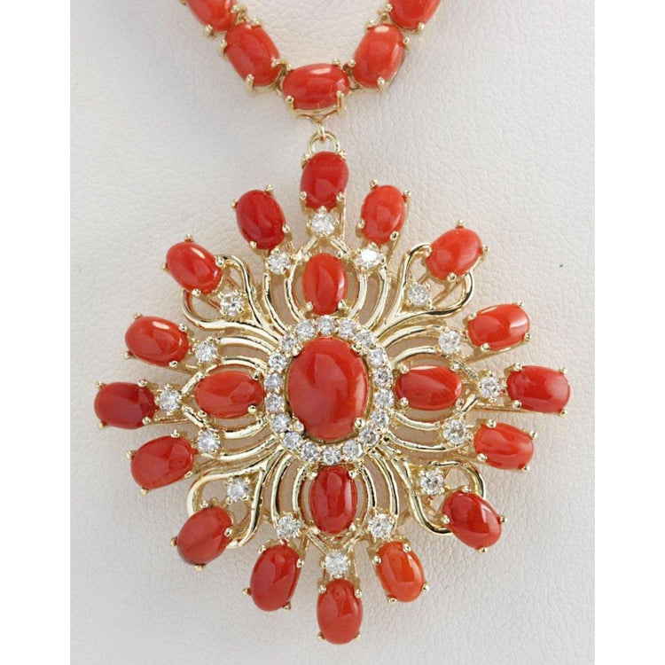 Collier Femme Corail Rouge Et Diamants 73.75 Carats Or Jaune 14K - HarryChadEnt.FR