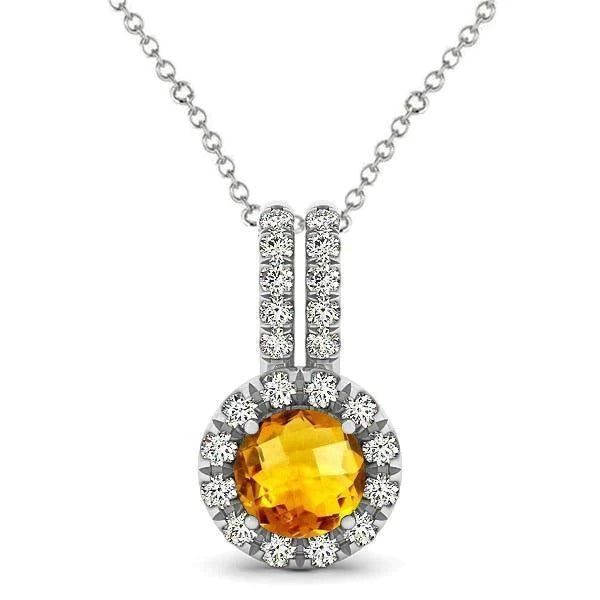 Collier Pendentif Citrine Madère Ronde 12 Carats Avec Diamants Or Blanc