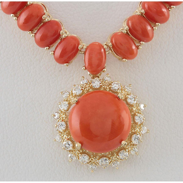 Collier Pendentif Corail Rouge Avec Diamant 41 Carats Or Jaune 14K - HarryChadEnt.FR