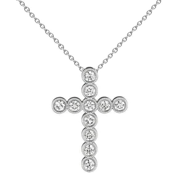 Collier Pendentif Croix Diamant Rond Millgrain 4 Carats WG 14K - HarryChadEnt.FR