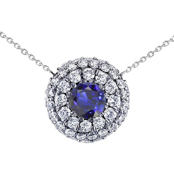 Collier Pendentif Diamant Double Halo Saphir Bleu Rond 4.25 quilates