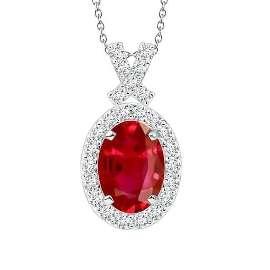Collier Pendentif Femme Or Blanc 14K 3.80 Carats Rubis Rouge Diamants - HarryChadEnt.FR
