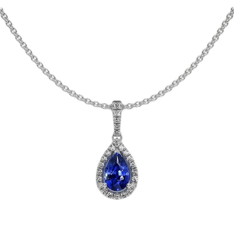 Collier Pendentif Halo Or Blanc Saphir Poire & Diamant 2 quilates