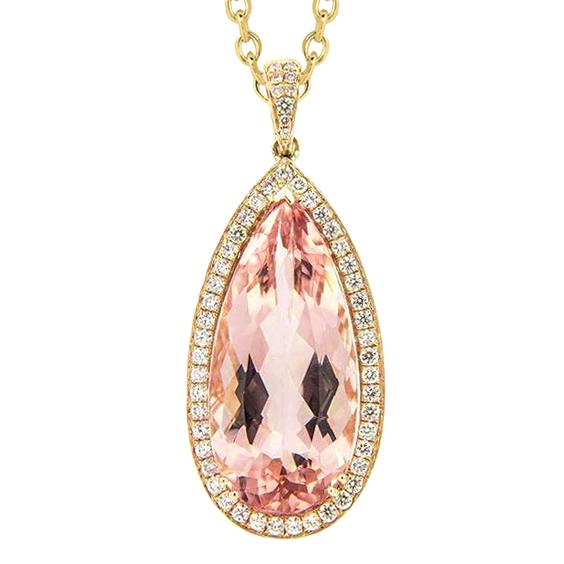 Collier Pendentif Or Jaune 14K 16 Ct Big Morganite Avec Diamants - HarryChadEnt.FR