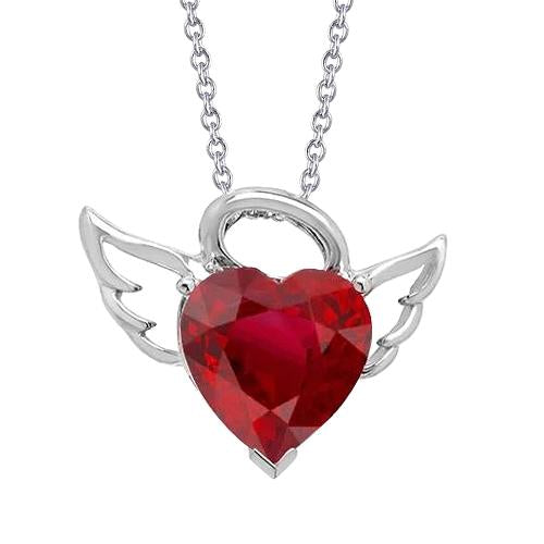 Collier Pendentif Rubis Solitaire 7 Ct Coupé Coeur Or Blanc 14K - HarryChadEnt.FR