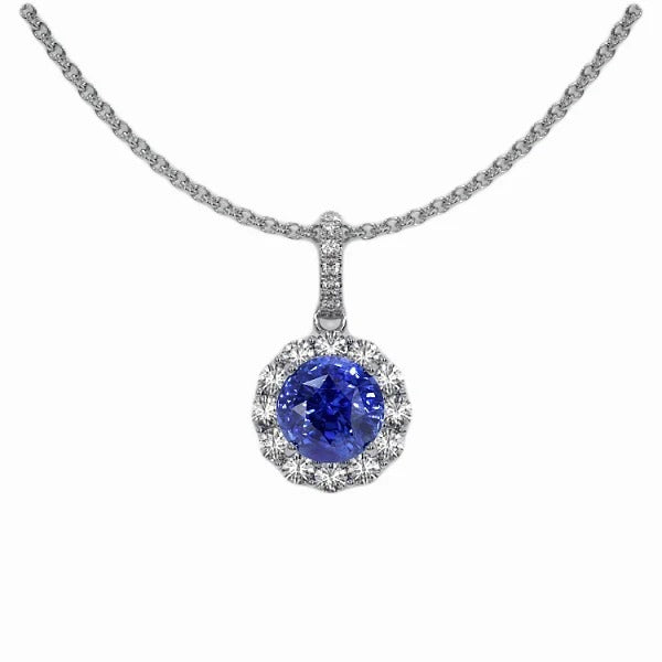 Collier Pendentif Saphir Bleu Rond 2 Carats & Diamant Or 14K
