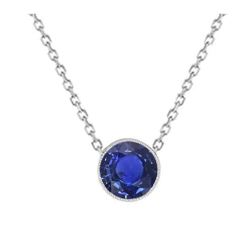 Collier Pendentif Solitaire Saphir Bleu Rond Or 14K 1 quilates