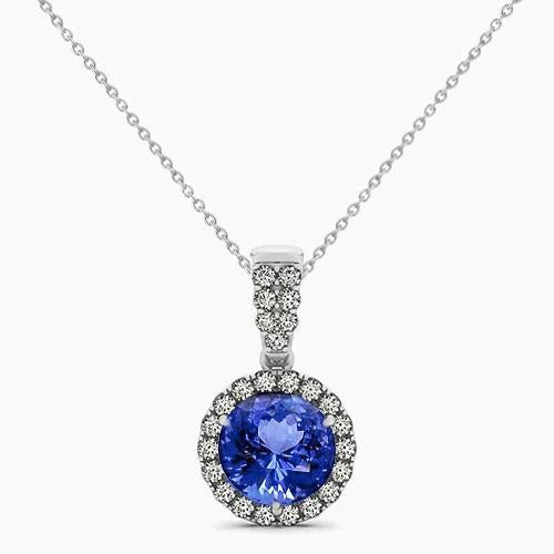 Collier Pendentif Tanzanite Rond 4 Ct Et Diamants Or Blanc - HarryChadEnt.FR