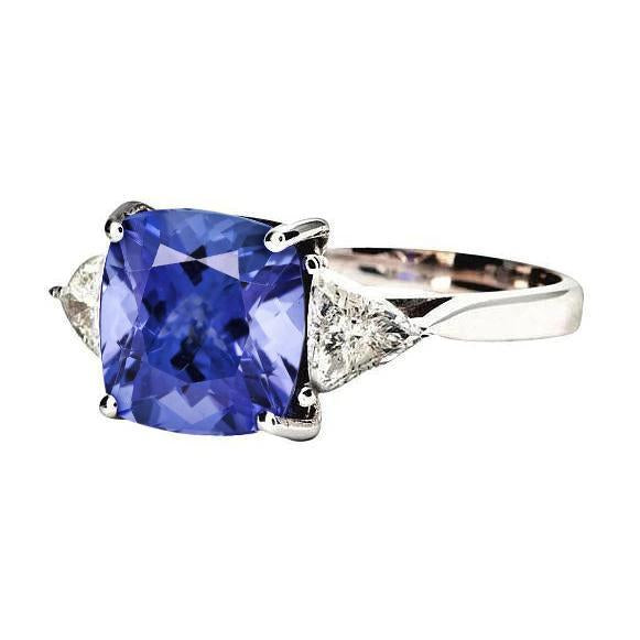 Coussin Tanzanite AAA Diamants 3 Carats Bague 3 Pierres Or Blanc 14K - HarryChadEnt.FR