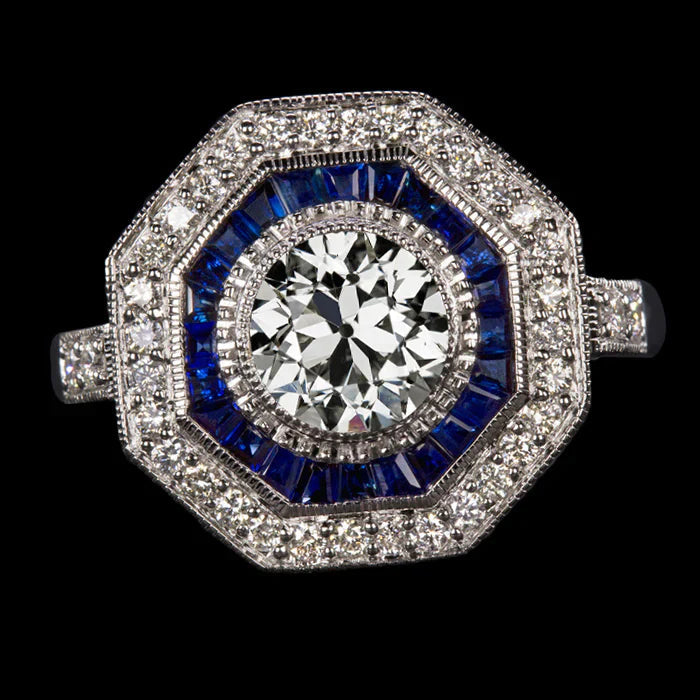 Double Halo Bijoux Art Déco Nouvelle Bague Saphir Bleu Diamant Taille Ancienne