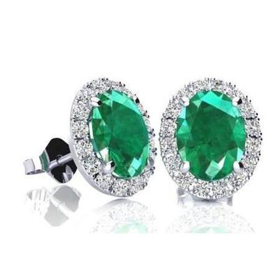 Émeraude verte de taille ovale de 12.30 ct avec clou d'oreille en diamant halo en or - HarryChadEnt.FR