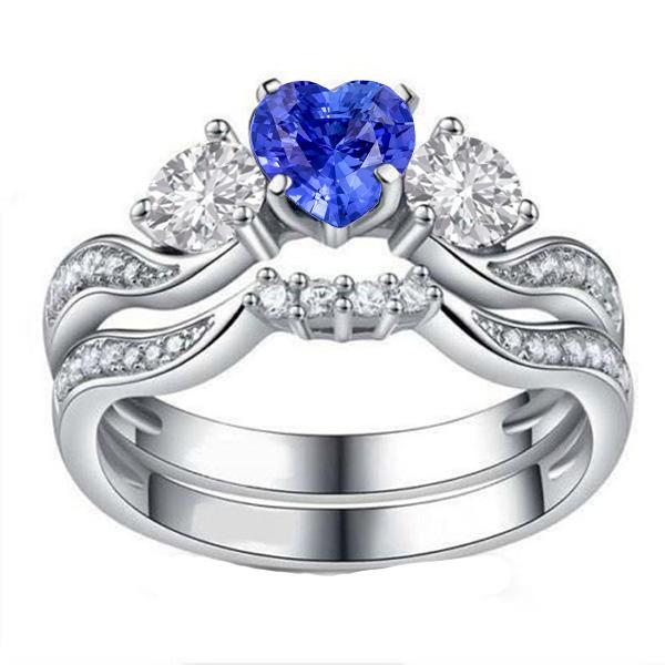 Ensemble Alliance 3 Pierres Coeur Saphir Bleu & Diamants Ronds 3 Carats - HarryChadEnt.FR