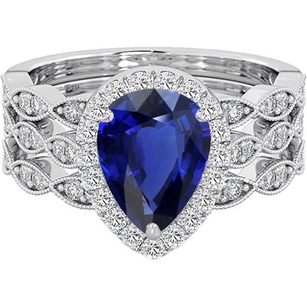 Ensemble de bague de mariage taille poire halo bleu saphir style vintage 4.50 carats - HarryChadEnt.FR