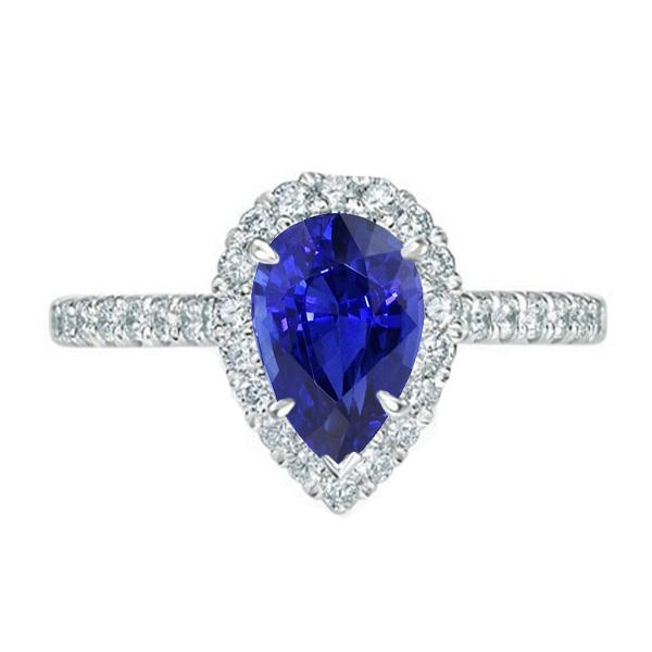 Halo Diamond Jewelry Bague Saphir Bleu Poire 4 Carats Or Blanc 14K - HarryChadEnt.FR