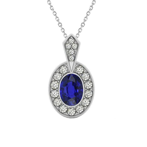 Halo Pendentif Ovale Bleu Foncé Saphir Bijoux Femme 2.25 quilates