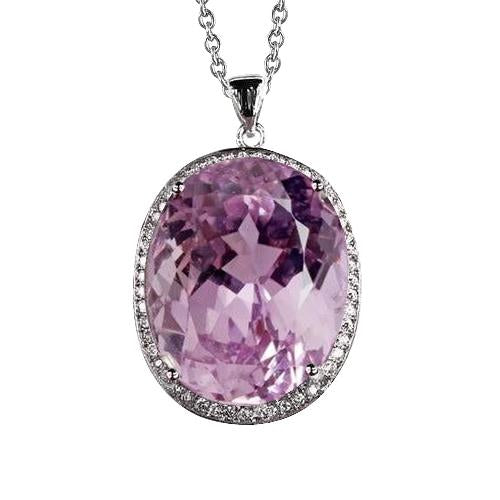 Kunzite rose taille ovale de 24.50 ct avec pendentif en diamant or blanc 14K - HarryChadEnt.FR
