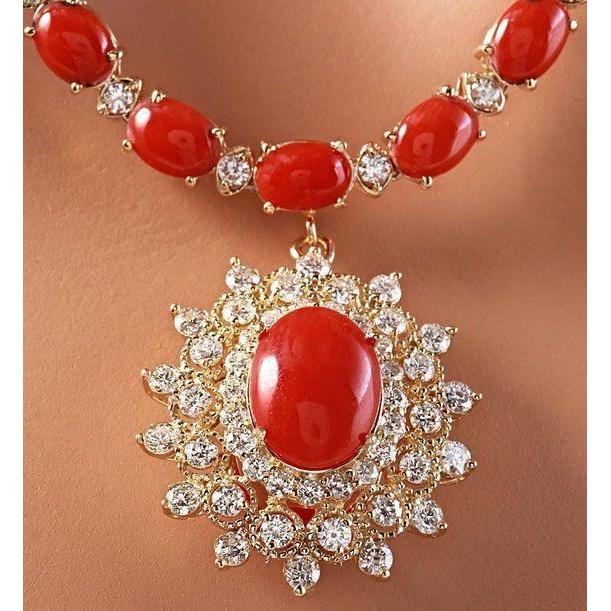 Or jaune 46 ct. Collier Pendentif Corail Rouge Et Diamants Neuf - HarryChadEnt.FR