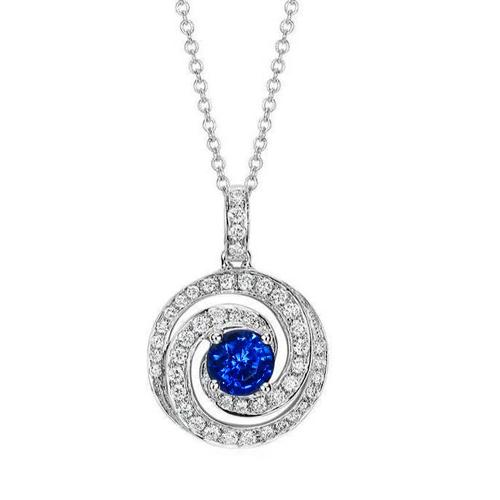 Pendentif 3 Carats Saphir Ceylan Rond Et Diamant Or Blanc 14K - HarryChadEnt.FR