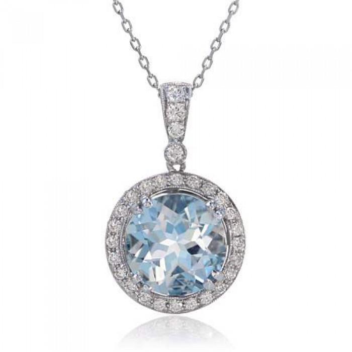Pendentif Aigue-Marine Ronde 12 Carats Avec Diamants Or Blanc 14K - HarryChadEnt.FR
