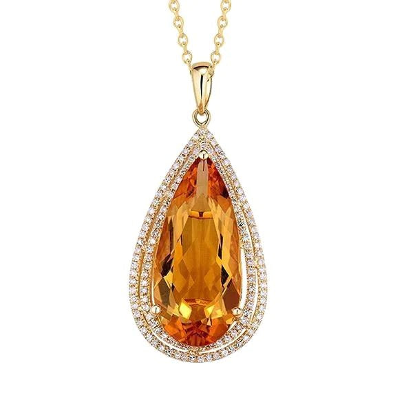 Pendentif Citrine Madère Poire Or Jaune 14K Avec Diamants Ronds 21 Ct